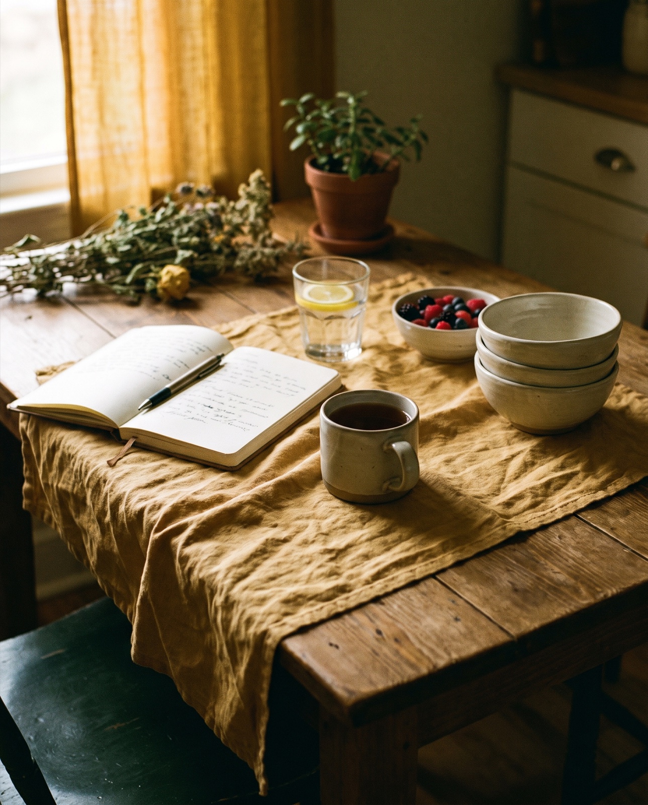 A kitchen table set up for planning a week of food