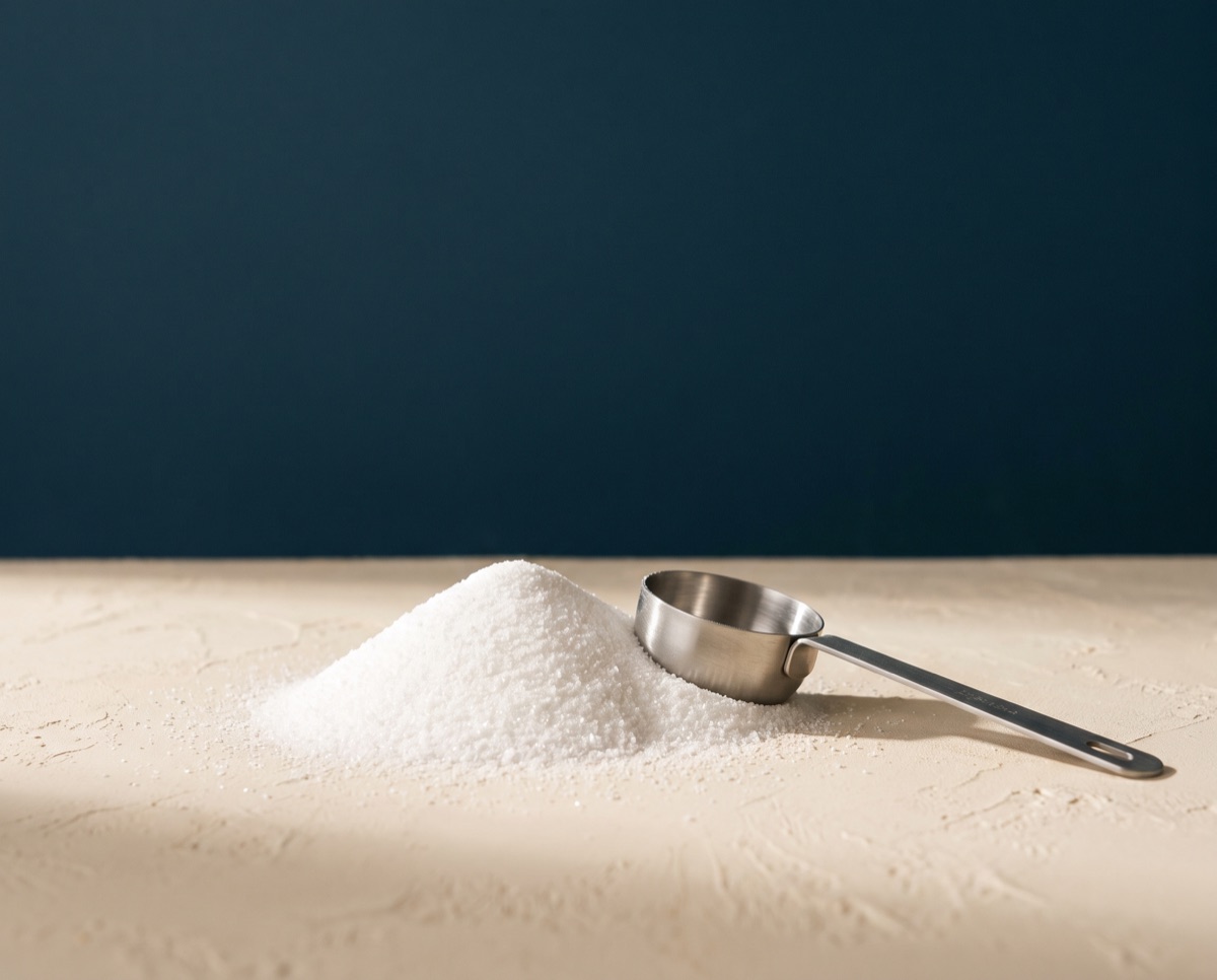Fine white creatine monohydrate powder with a scoop