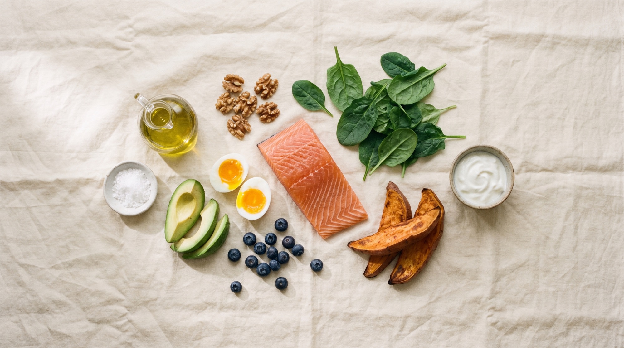 Whole foods laid out on cream linen