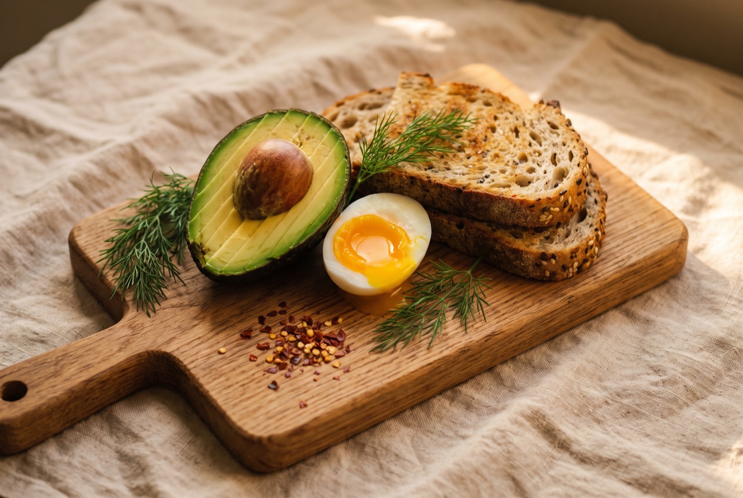 Avocado, egg and seeded sourdough on an oak board
