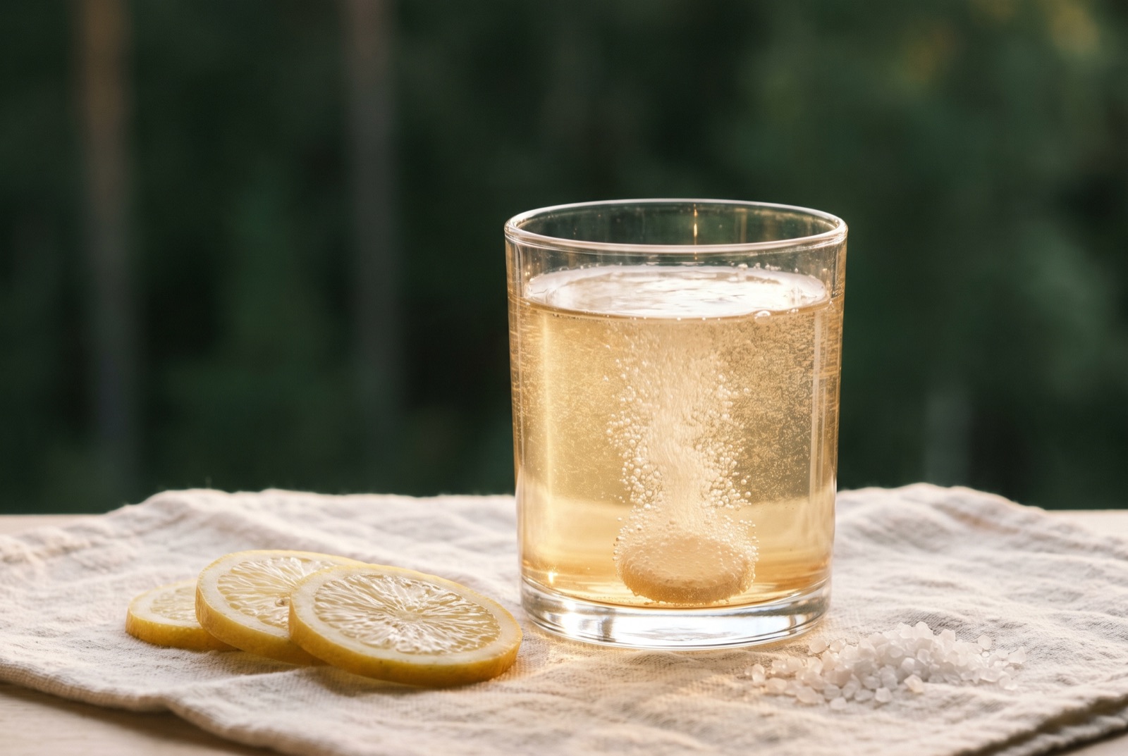 An electrolyte tablet dissolving in a glass of water
