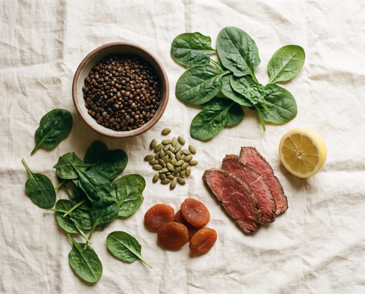 Iron-rich foods: spinach, lentils, pumpkin seeds, apricots and lean red meat