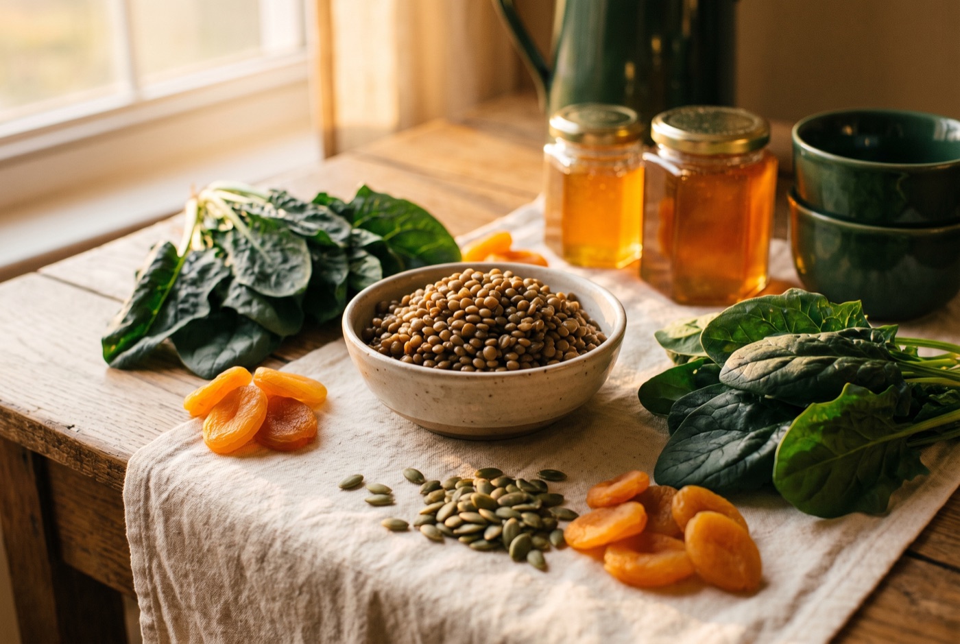 Lentils, spinach, dried apricots and pumpkin seeds on oak