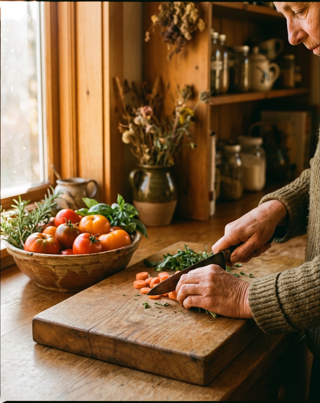 Hands chopping fresh vegetables on an oak board