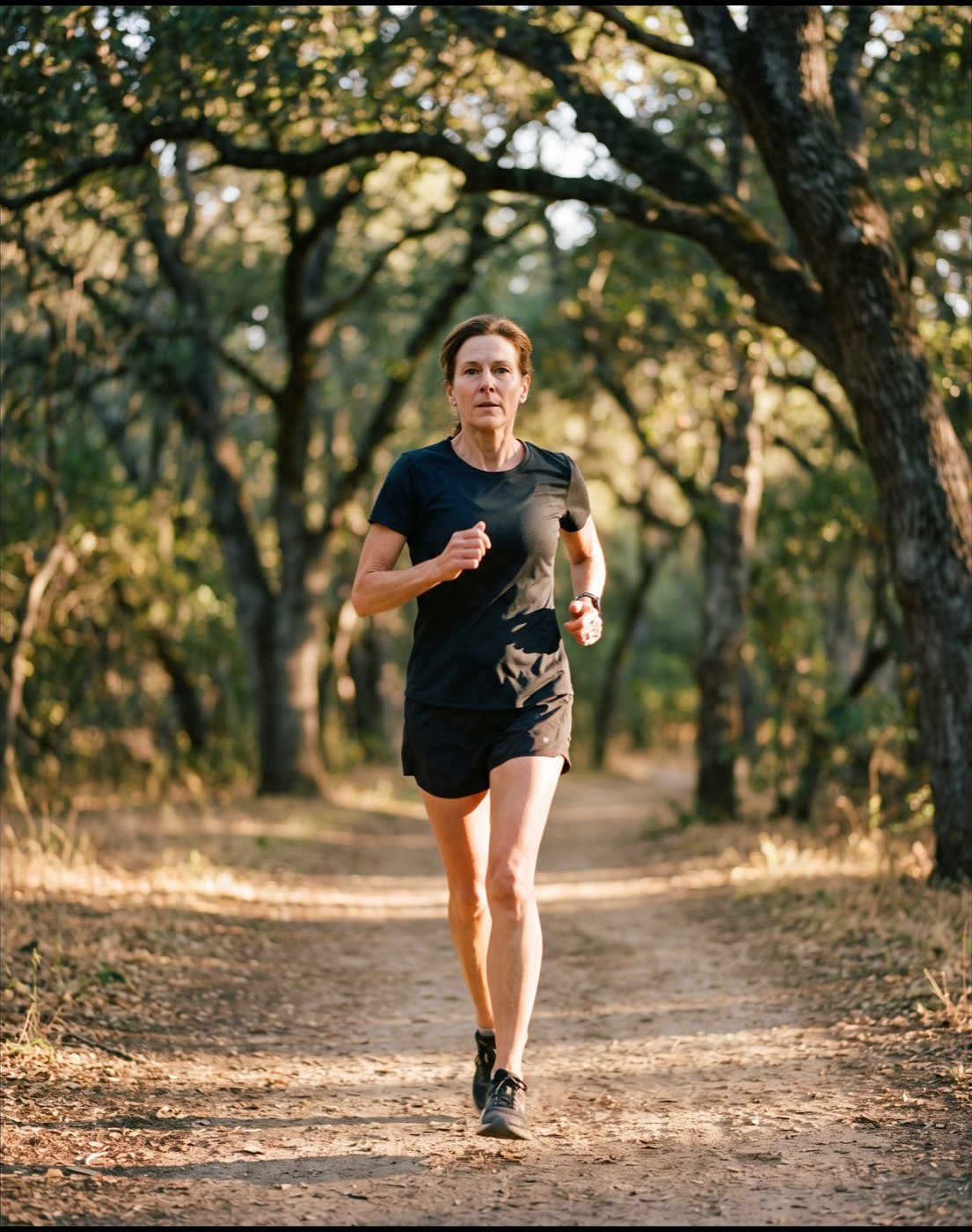 A woman running a woodland trail in golden evening light