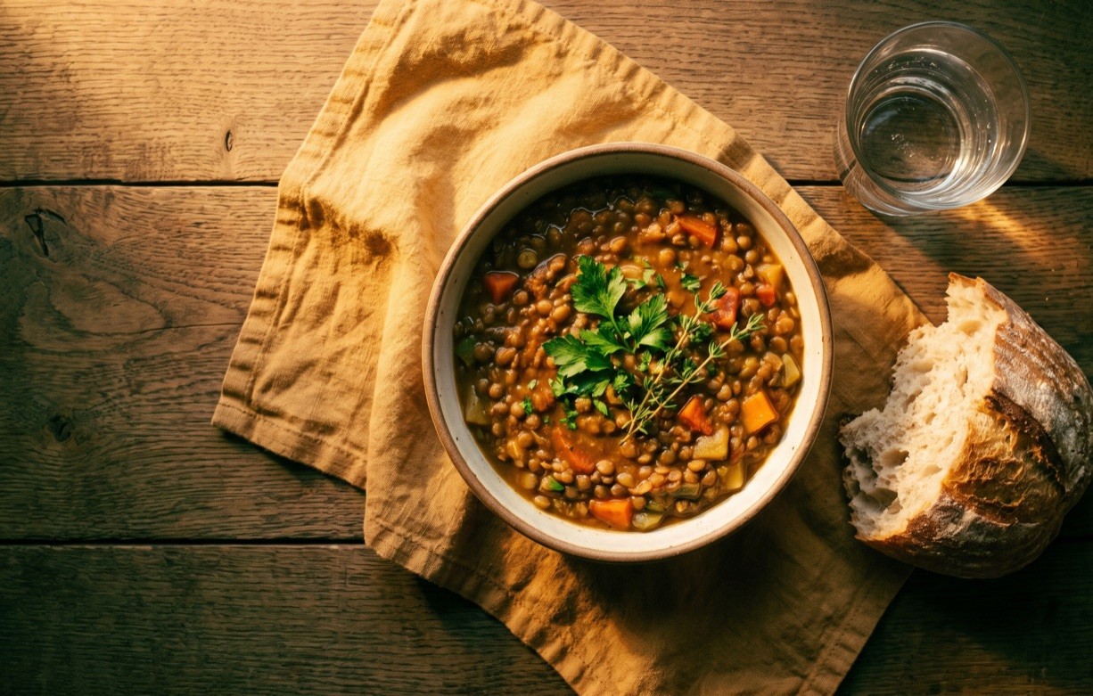 A bowl of lentil and vegetable stew with sourdough on an oak table