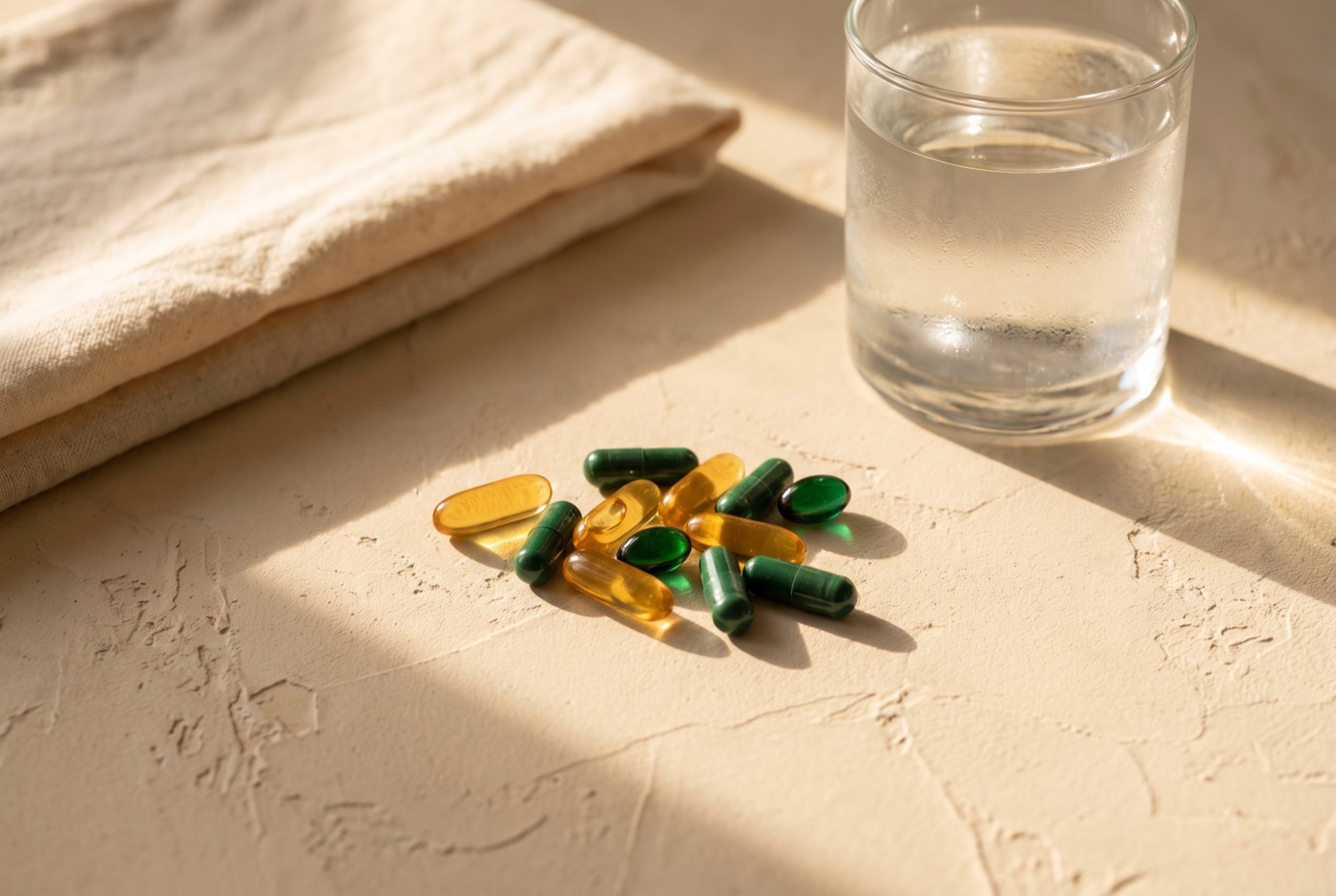 A scatter of capsules and softgels on warm plaster