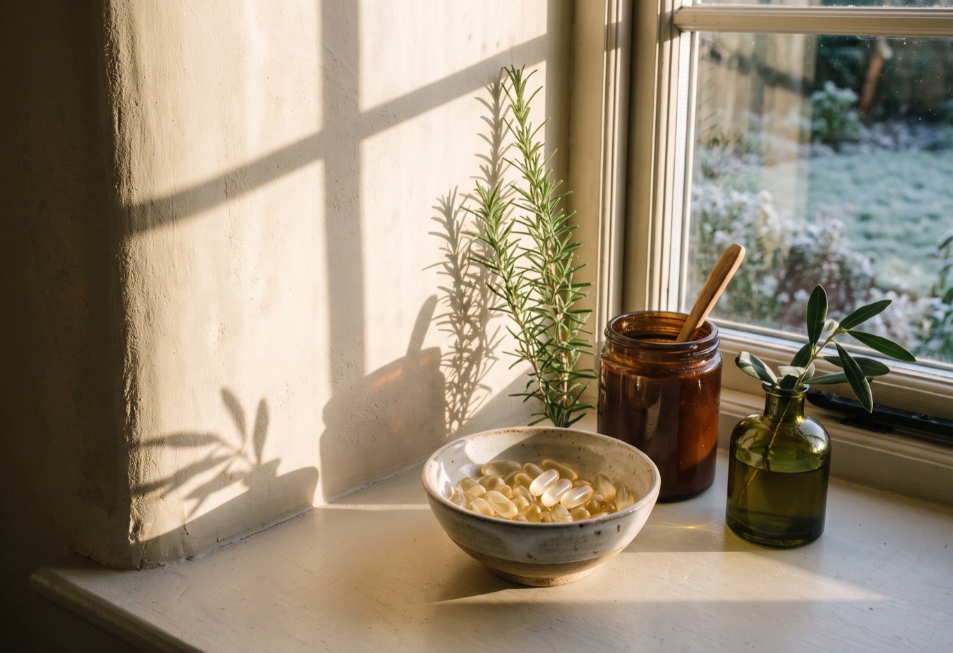 Pale gold capsules in a shaft of winter sunlight