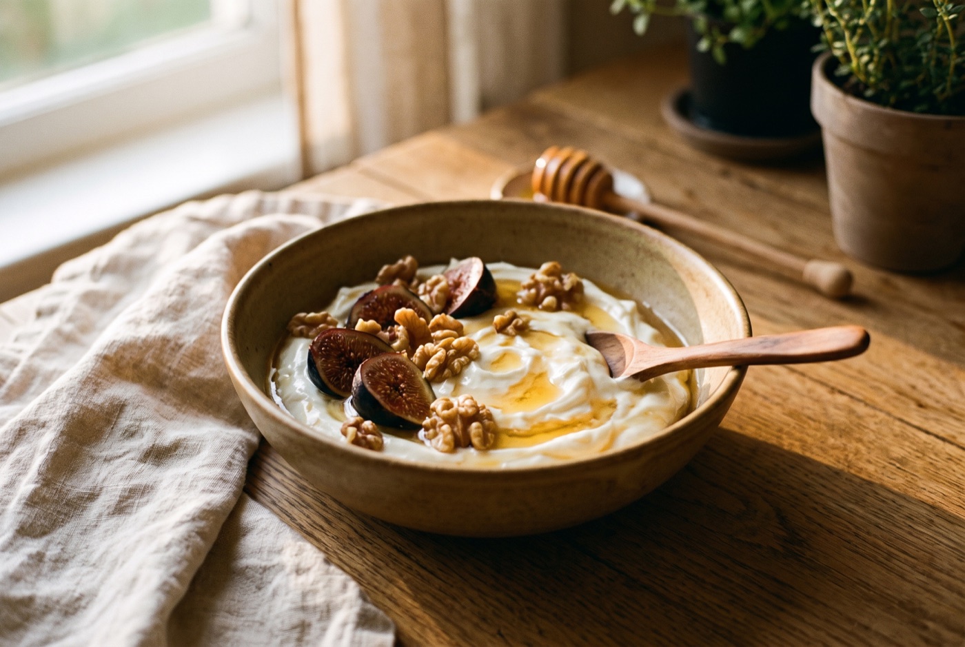 Greek yoghurt with honey, walnuts and figs