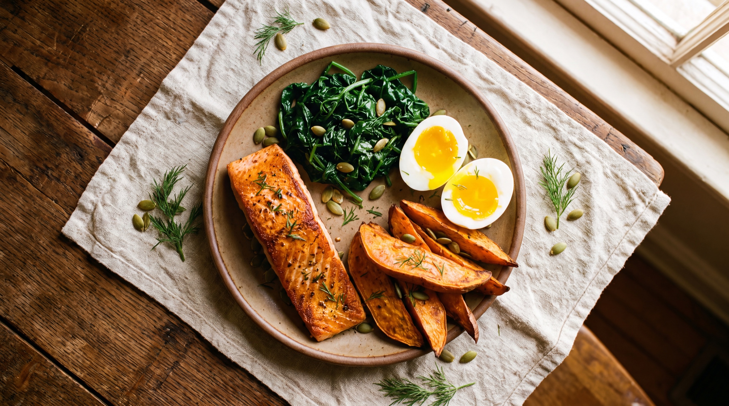 A plated meal of salmon, spinach, sweet potato and egg, annotated with its nutrient contribution