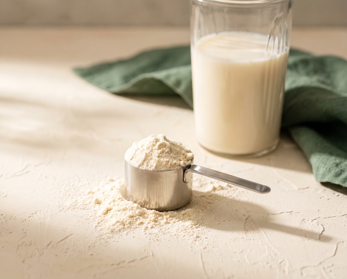 A scoop of protein powder beside a glass of milky shake