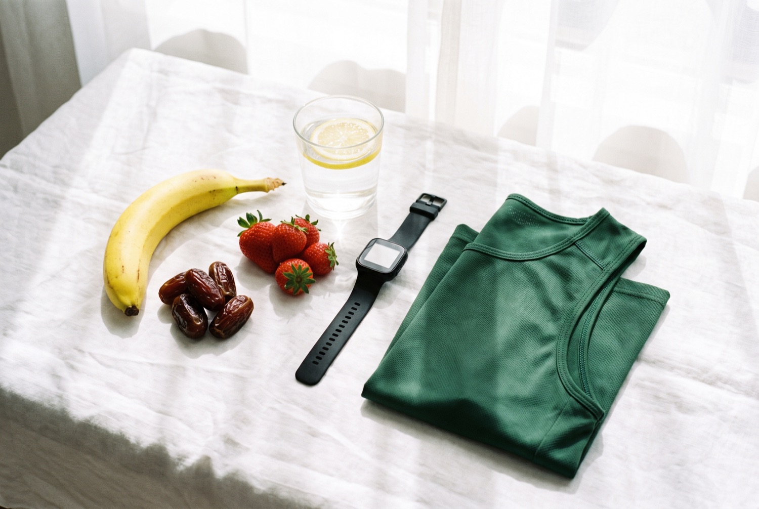 Race-morning fuel: banana, dates, strawberries and a running vest