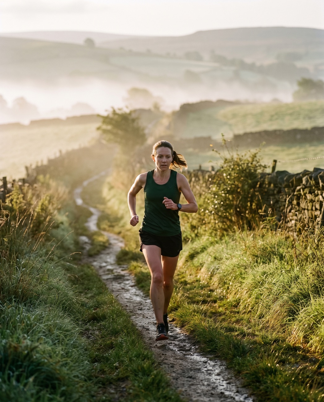 A woman running a misty countryside trail at sunrise