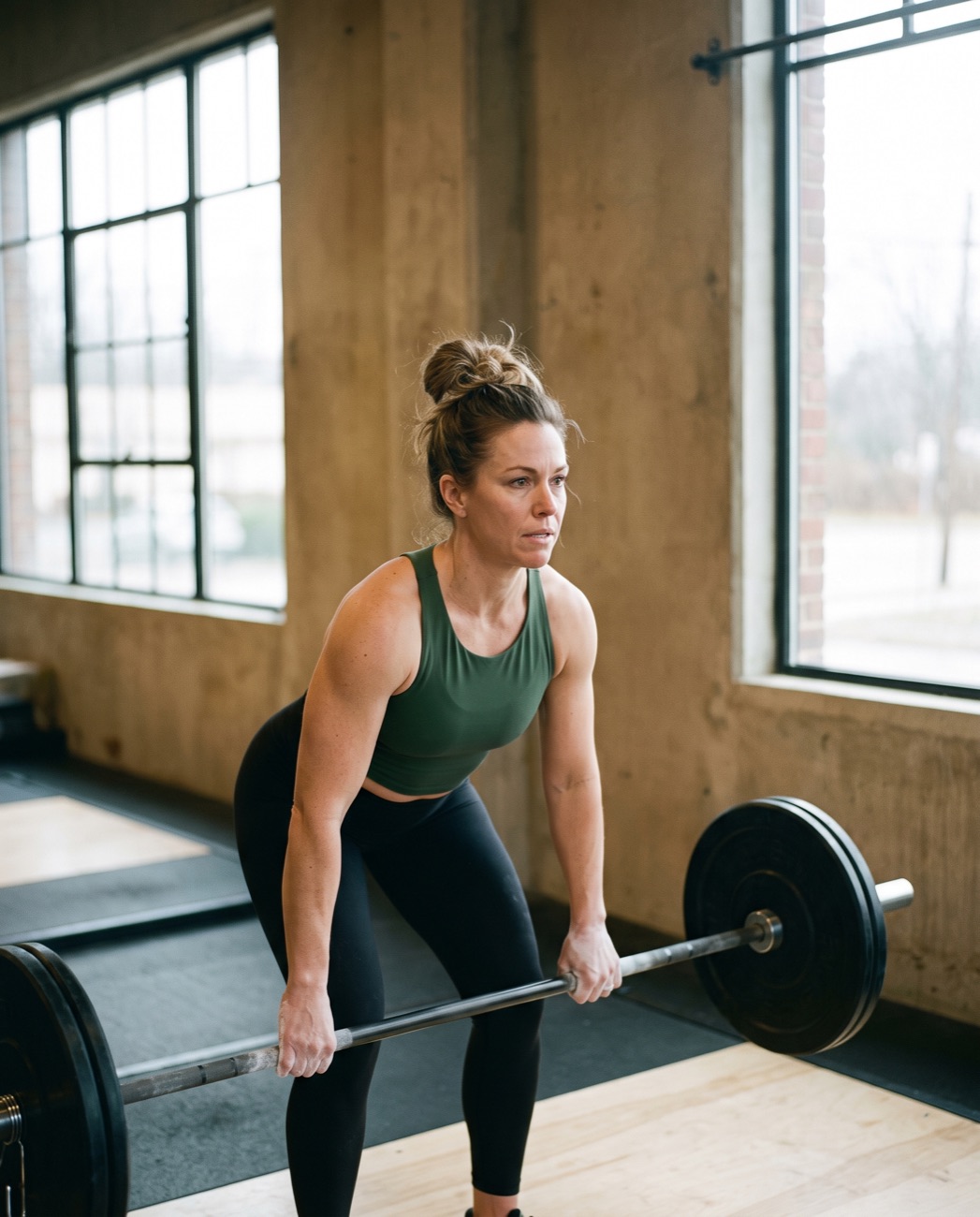 A woman mid barbell deadlift in a daylight gym