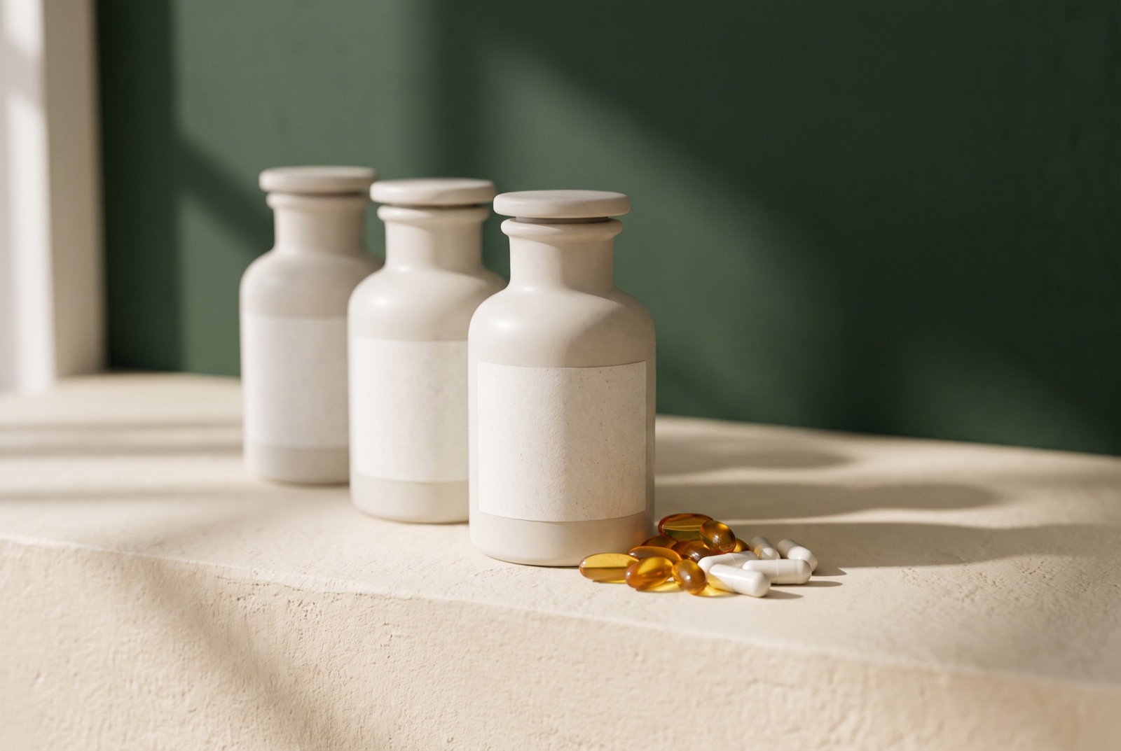 Plain supplement bottles with omega-3 softgels beside them