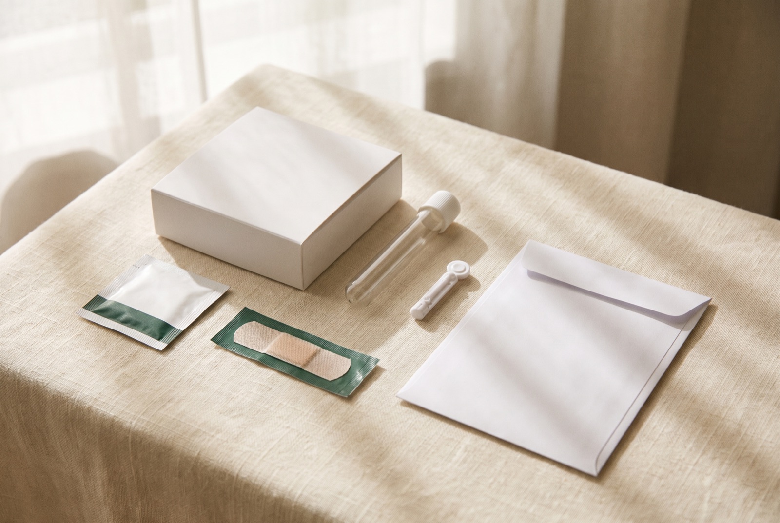 An at-home finger-prick blood test kit laid out on linen