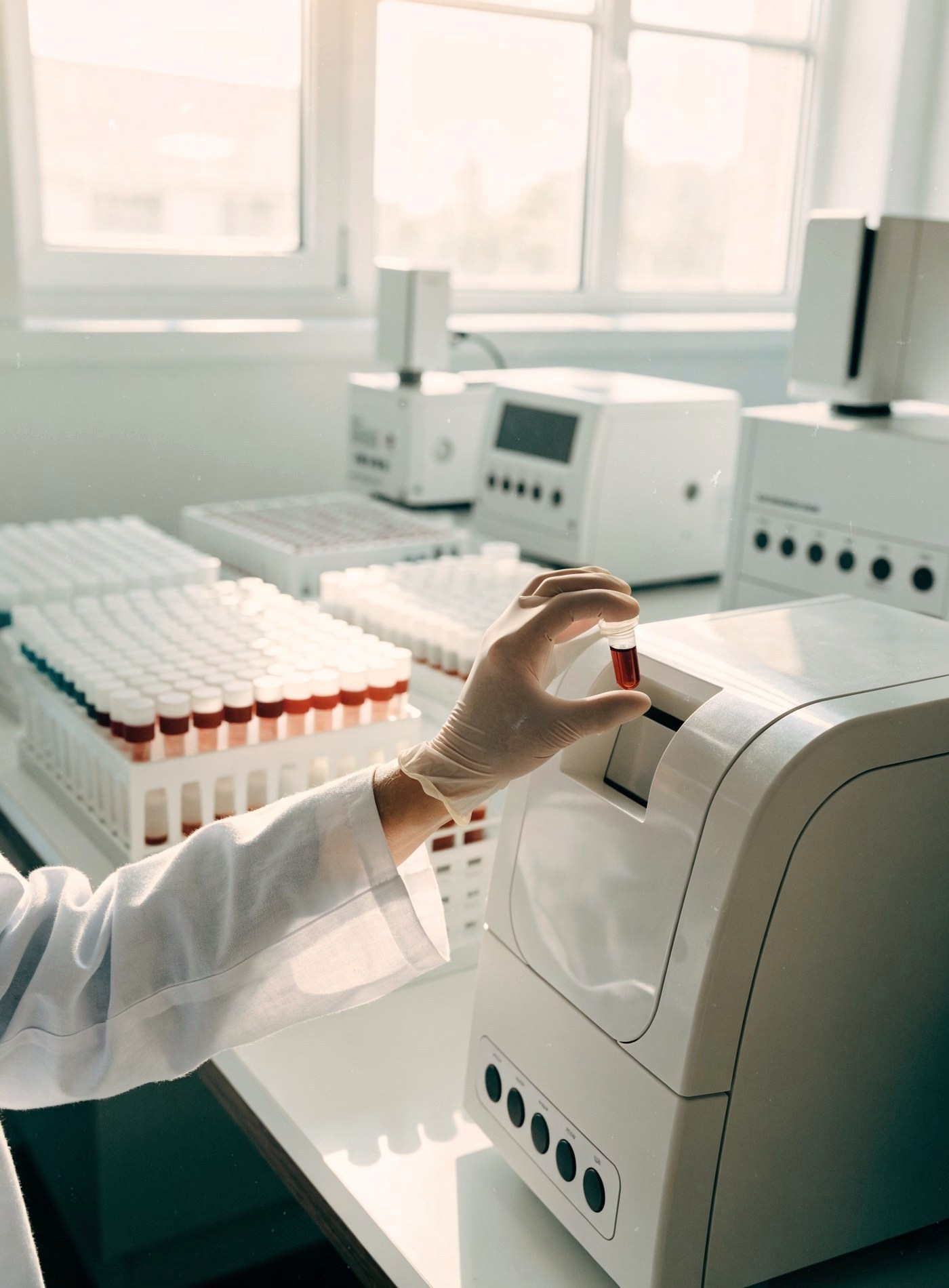 A gloved technician loading a blood sample into an analyser in a bright laboratory