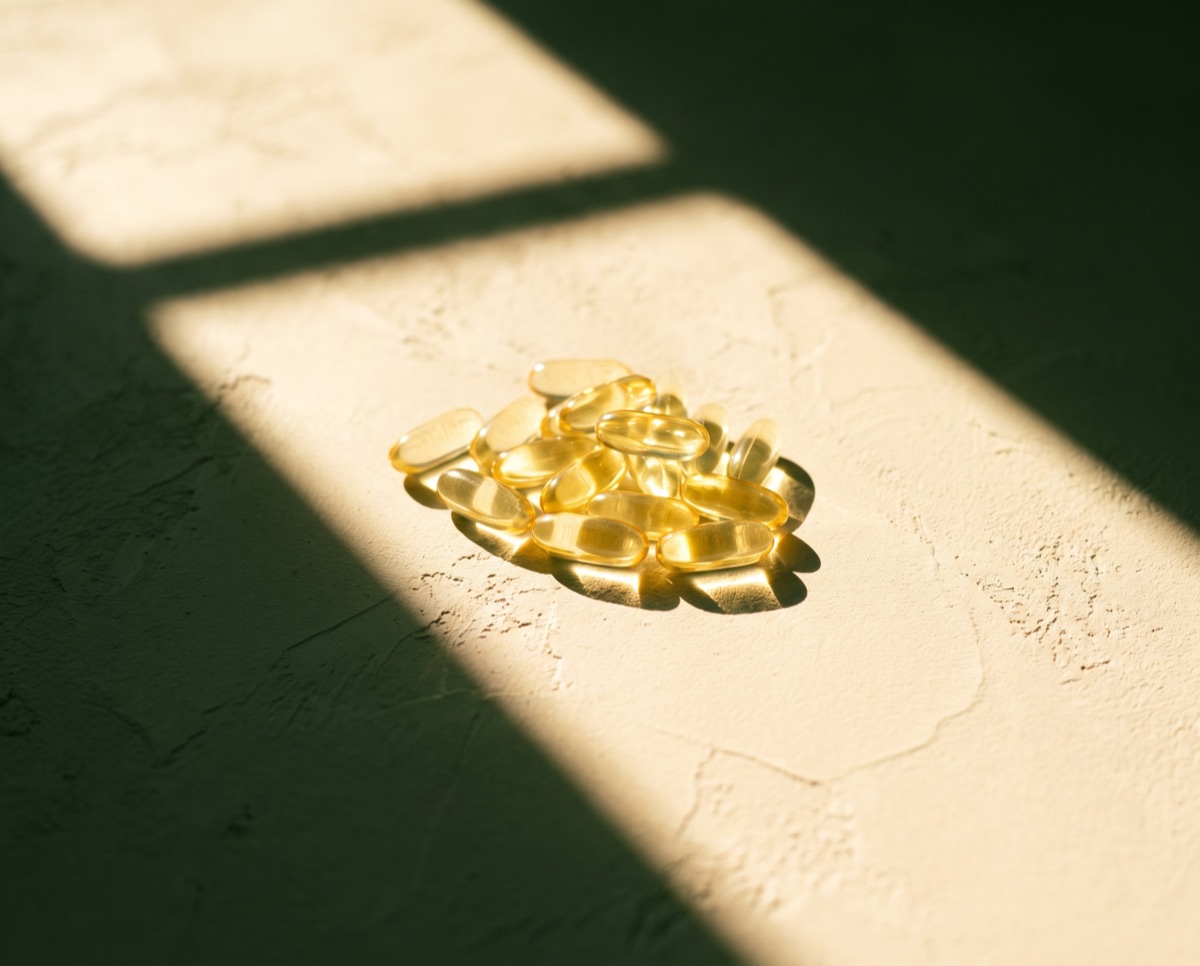 Pale gold vitamin D softgel capsules